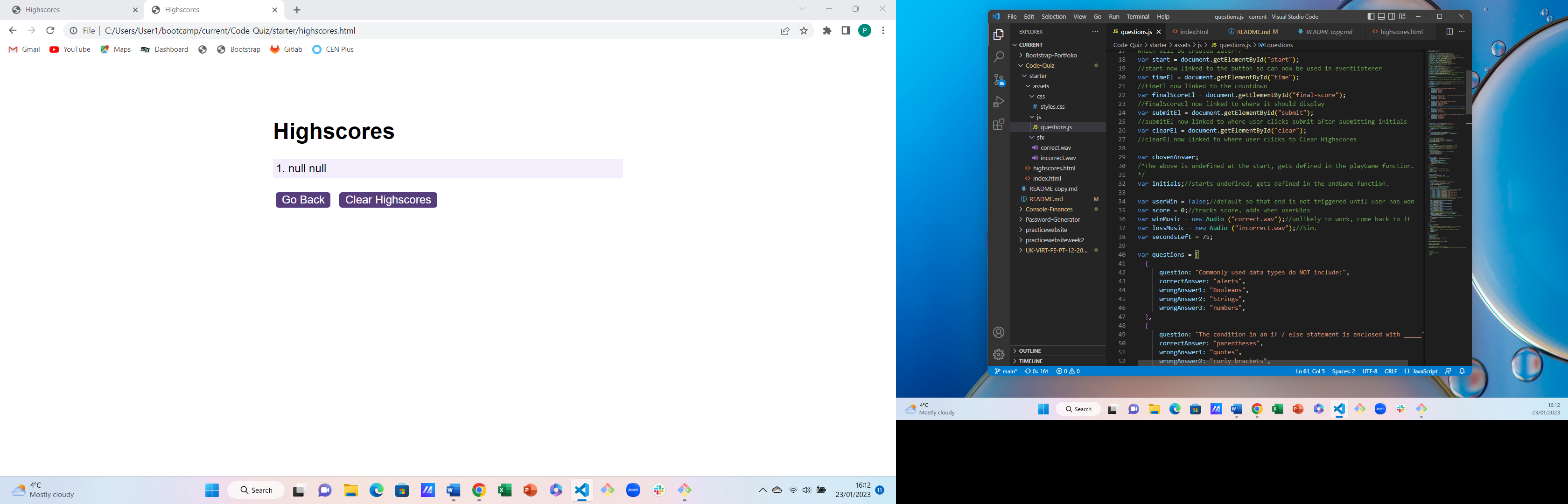 Screenshot of Code Quiz