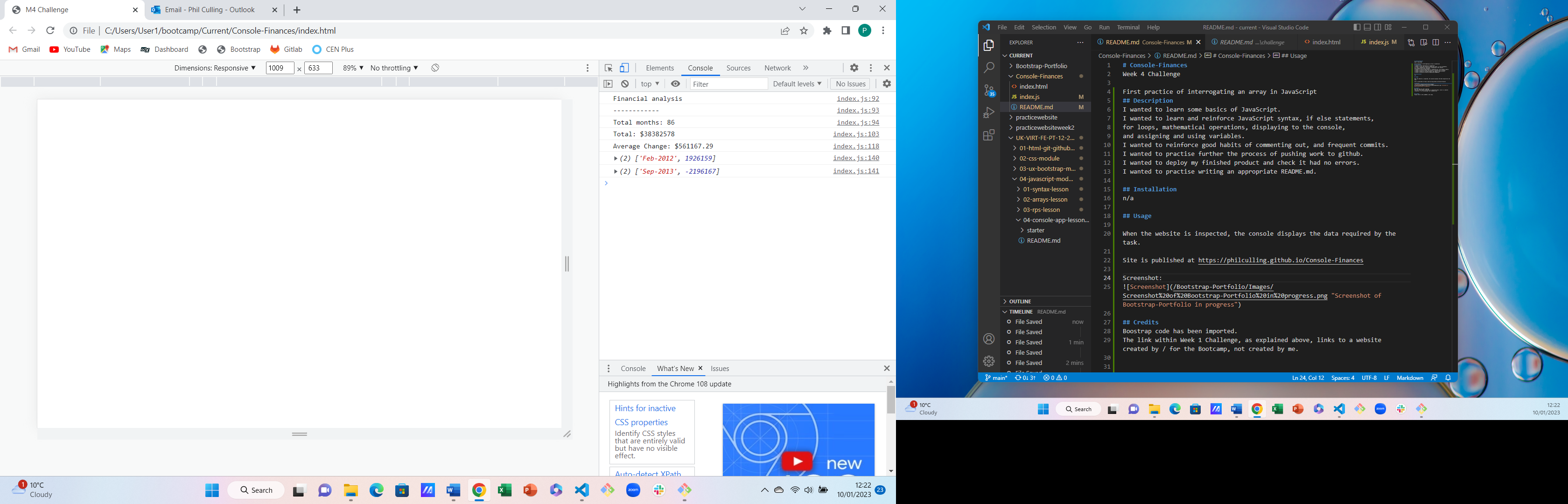 Screenshot of week 4 challenge, first use of JavaScript